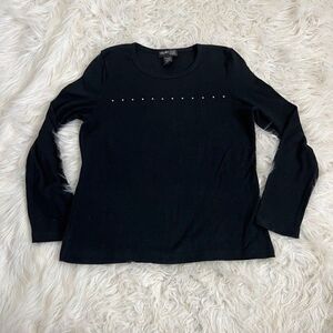 Style & Co Black Ribbed Knitted Women Long Sleeves Blouse Petite Medium Gemstone